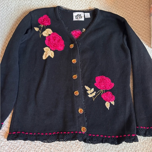 Storybook Knits Sweaters - Storybook Knits Black Cardigan with Pink and Gold Embroidery